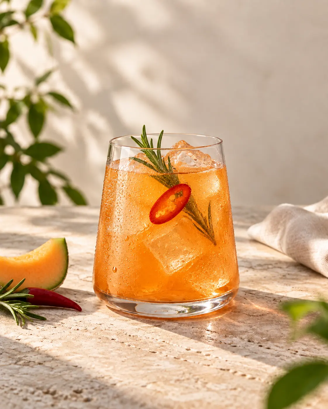 Melón y Fuego — cantaloupe refreshment with red chilli and rosemary