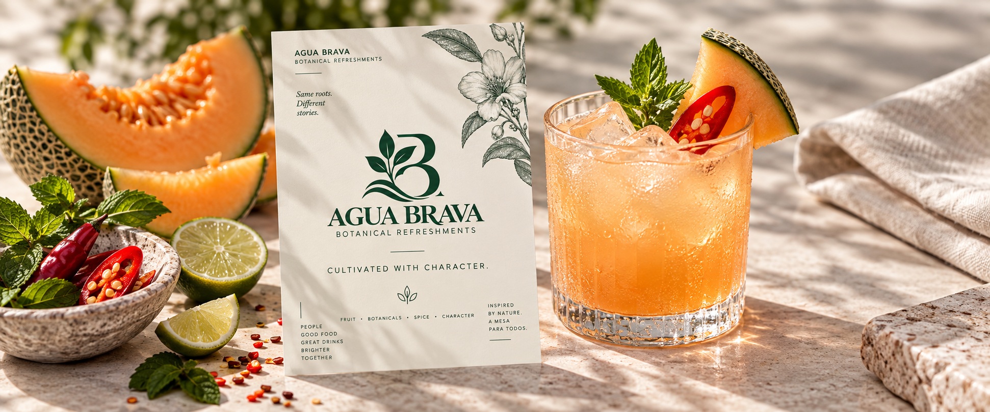 An Agua Brava botanical refreshment with melon, citrus, mint and a branded card on a sunlit table.